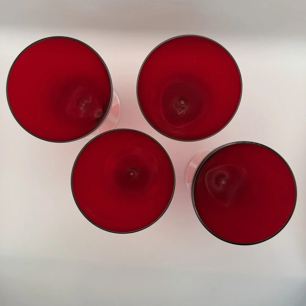 Vintage Cranberry‎ Red Glass Goblets Set 4 Clear Stem Water Wine Glasses 5.25